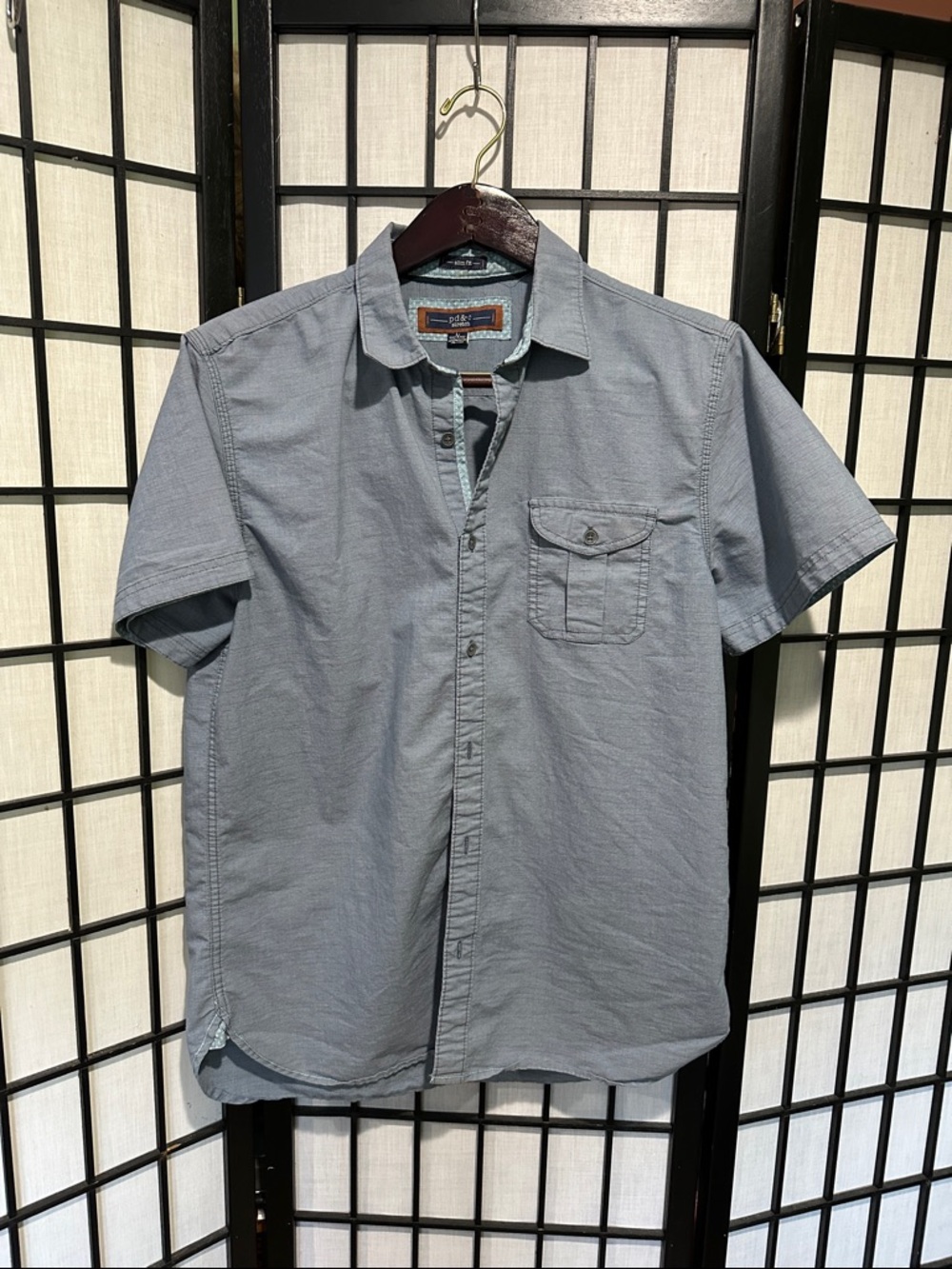 PD&C Men's Slim Stretch Short-Sleeve Button-Down Shirt Blue Large EUC